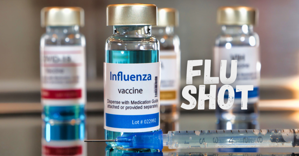 Vials labeled Influenza Vaccine with a syringe, symbolizing the annual flu shot for protection against influenza.