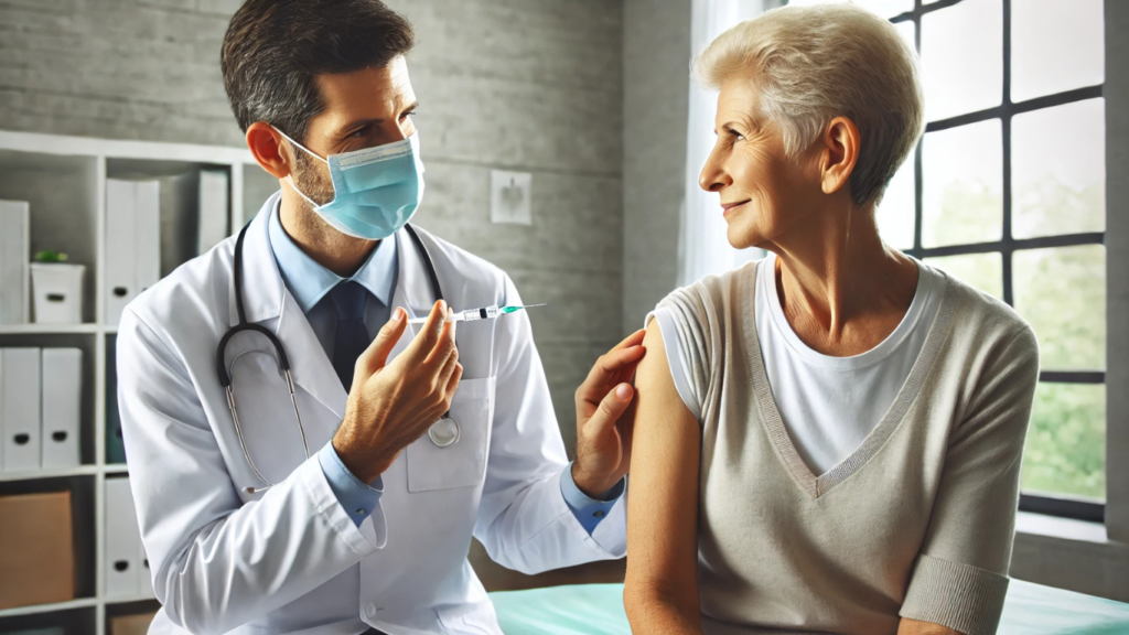 Healthcare professional discussing the shingles vaccine with a patient in a clinic.