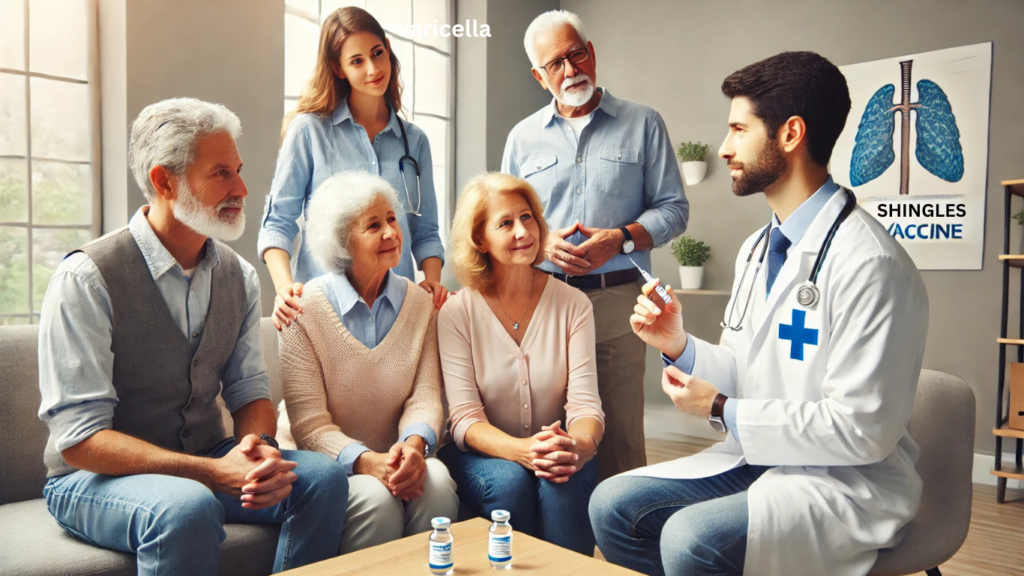 A diverse group of adults consulting a healthcare professional about the shingles vaccine