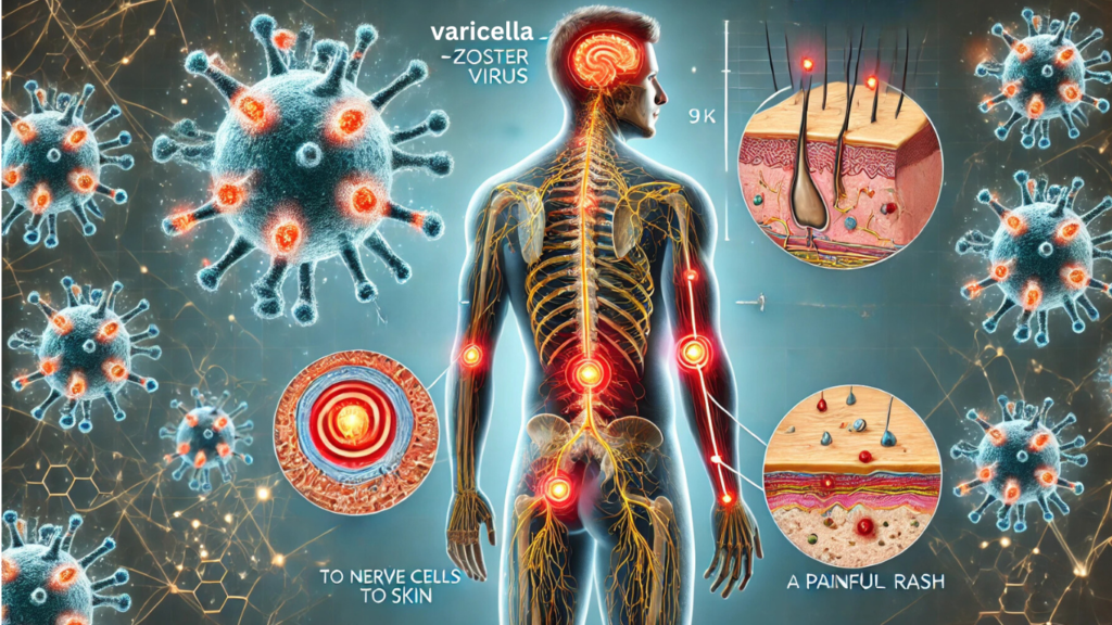 Illustration of the varicella-zoster virus reactivating and causing shingles symptoms.