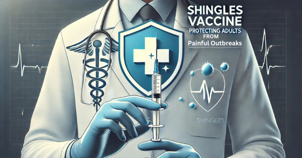 A healthcare professional’s hand holding a vaccine syringe with health protection symbols in the background, and the title 'Shingles Vaccine: Protecting Adults from Painful Outbreaks' displayed in modern typography.