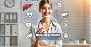 Healthcare professional smiling while holding a syringe in a clean, bright clinic setting, with subtle icons of shields and liver symbols in the background, symbolizing health, immunity, and protection for the Hepatitis B vaccine.