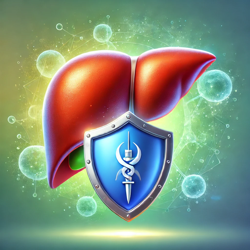 Shield protecting a liver, symbolizing the vaccine’s role in preventing Hepatitis B