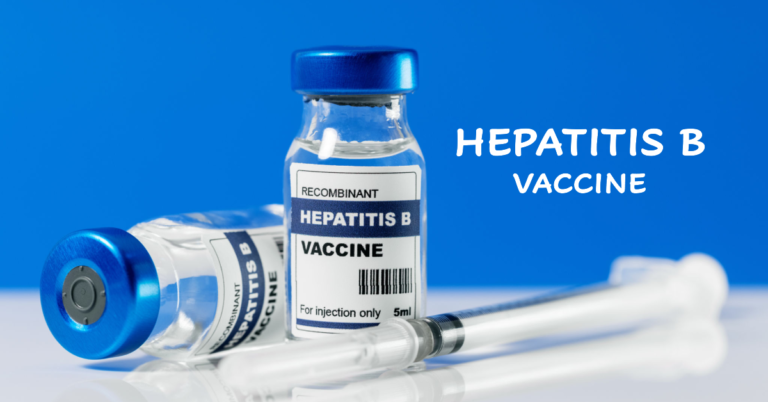 Vials labeled Hepatitis B Vaccine with a syringe, symbolizing vaccination to prevent Hepatitis B infection.