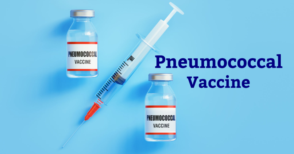 Pneumococcal vaccine vials and syringe on a blue background.