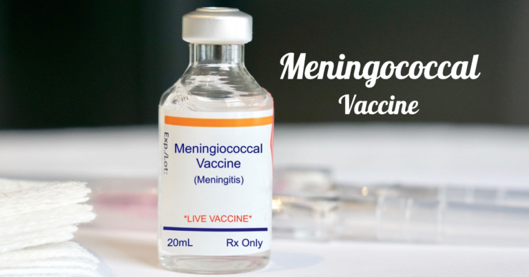 Close-up of a meningococcal vaccine vial used for preventing meningitis in teens.