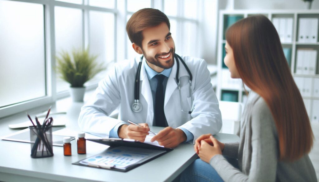 Healthcare provider talking with a patient about vaccination.