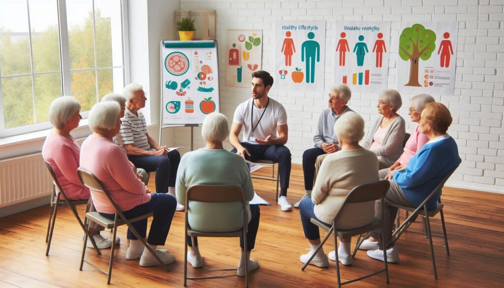 A group of seniors gathered in a community health workshop, learning about the pneumococcal vaccine from a health educator.