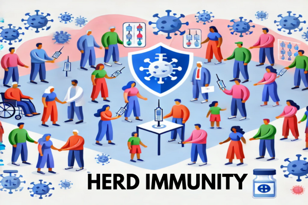 Illustration of herd immunity, showing vaccinated individuals protecting unvaccinated ones within a community setting.