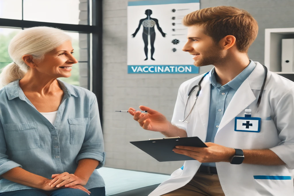 An older adult consulting with a healthcare provider about vaccinations, highlighting the importance of vaccination at all ages.
