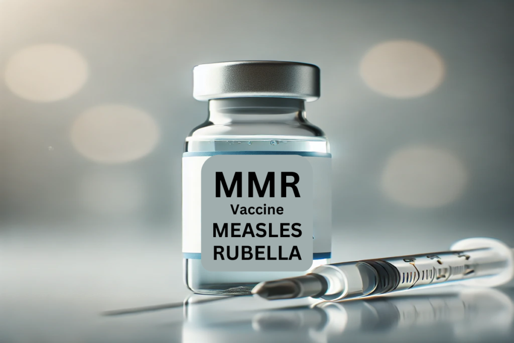 Close-up of an MMR vaccine vial and syringe, representing protection against measles, mumps, and rubella.