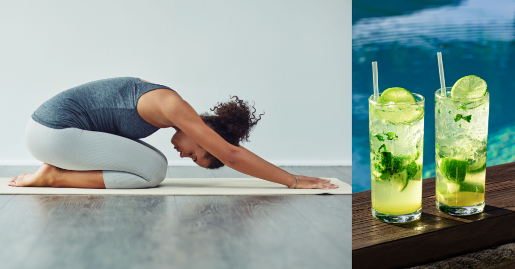 A woman practicing yoga on a mat and two glasses of lime-infused water, representing lifestyle habits like stress management and hydration for liver health.