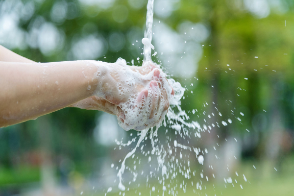 Hands being washed with soap under running water to prevent norovirus.