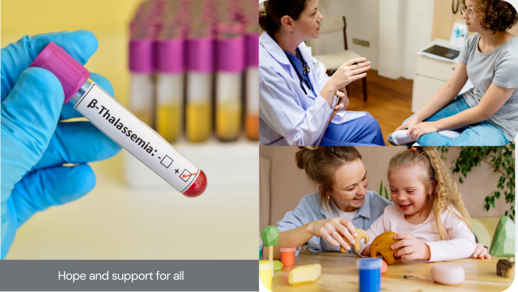 An image with the text 'B-Thalassemia: □ + □' and 'Hope and support for all', representing hope and care for families affected by thalassemia