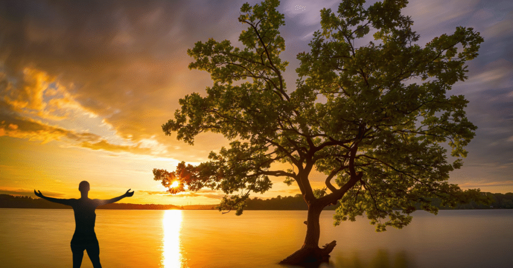 Serene morning landscape with sunlight reflecting on water, a solitary tree, and a silhouette with outstretched arms facing the light, representing a calm and energized start to the day for health and productivity.
