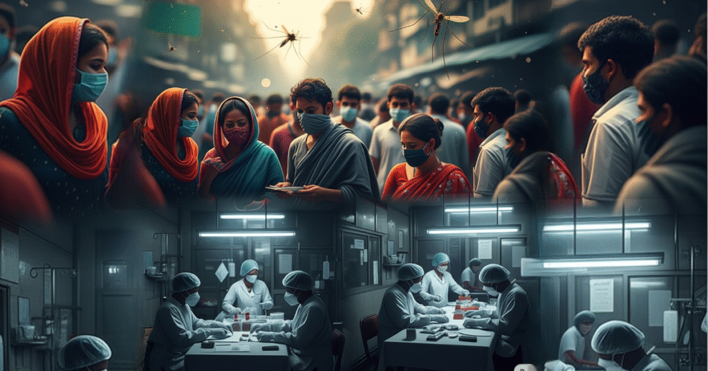 Crowded urban street with people wearing masks and large mosquitoes, juxtaposed with scientists in a lab performing research.