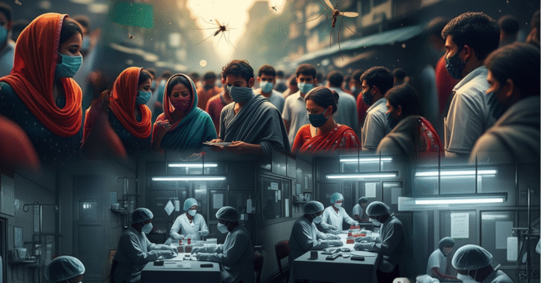 Crowded urban street with people wearing masks and large mosquitoes, juxtaposed with scientists in a lab performing research.