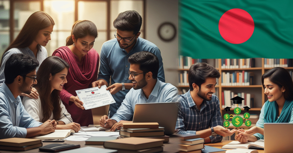 বাংলাদেশের মেধাবী শিক্ষার্থীদের জন্য শিক্ষাবৃত্তি এবং উচ্চশিক্ষার সুযোগ, ছবিতে আর্থিক সহায়তা ও জাতীয় পতাকা দৃশ্যমান।