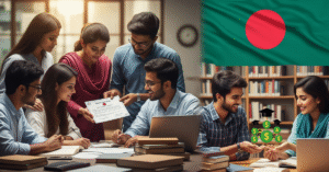 বাংলাদেশের মেধাবী শিক্ষার্থীদের জন্য শিক্ষাবৃত্তি এবং উচ্চশিক্ষার সুযোগ, ছবিতে আর্থিক সহায়তা ও জাতীয় পতাকা দৃশ্যমান।