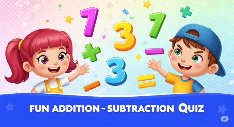 Cartoon image of two cheerful children, a girl and a boy, surrounded by colorful numbers and math symbols (plus, minus, and equals signs), representing a fun addition and subtraction quiz for kids.