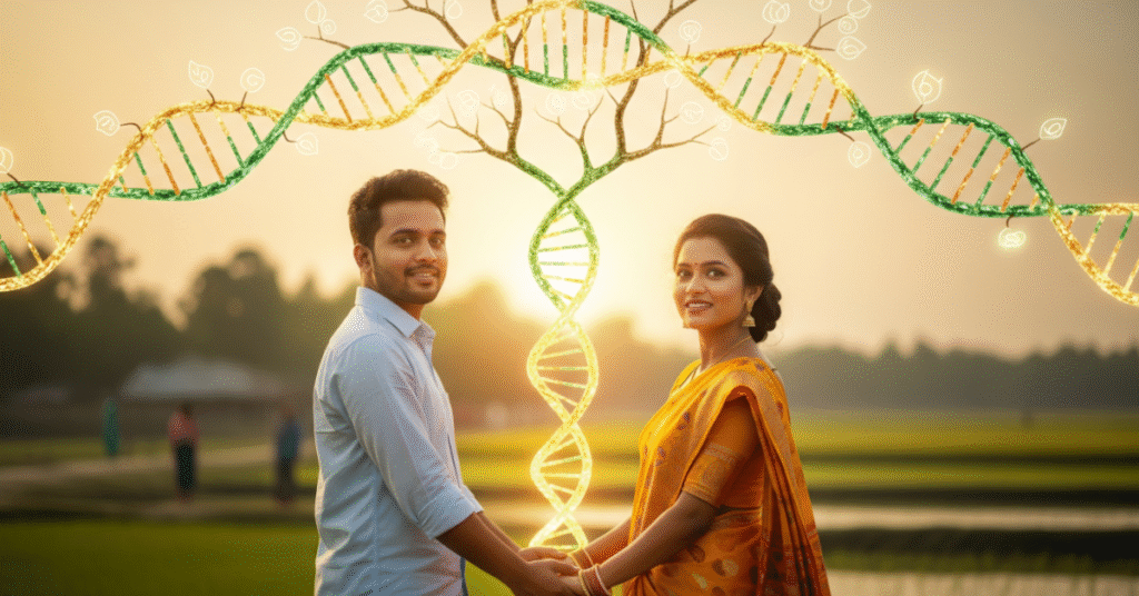 A hopeful Bangladeshi couple holding hands under a glowing, stylized family tree with DNA strands, symbolizing the fusion of love, science, and heritage in their journey to parenthood.