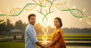 A hopeful Bangladeshi couple holding hands under a glowing, stylized family tree with DNA strands, symbolizing the fusion of love, science, and heritage in their journey to parenthood.