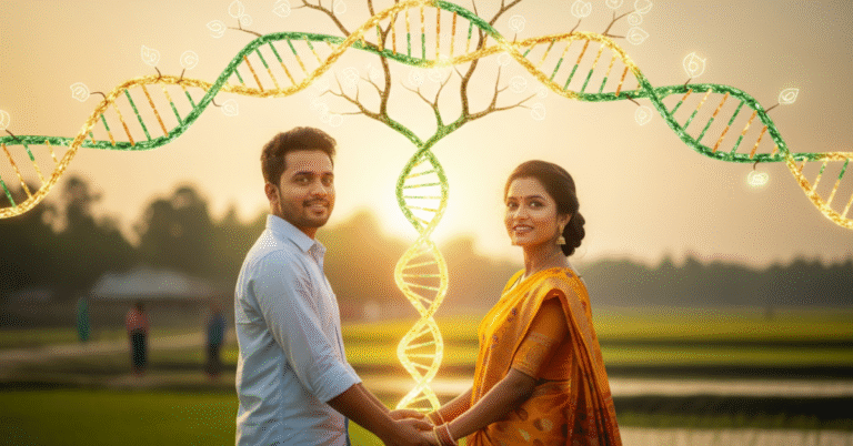 A hopeful Bangladeshi couple holding hands under a glowing, stylized family tree with DNA strands, symbolizing the fusion of love, science, and heritage in their journey to parenthood.