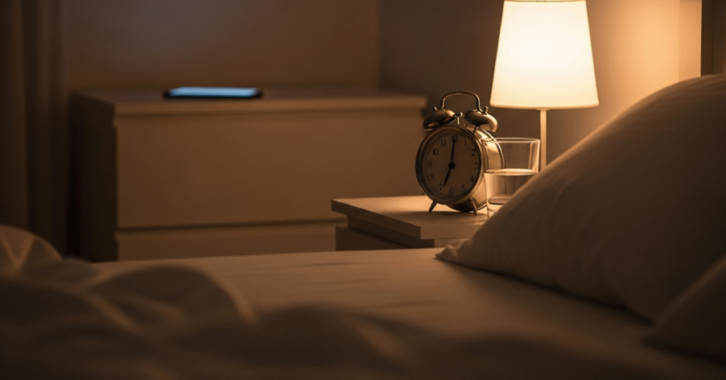 A dim, cozy bedroom at night showing an alarm clock and glass of water on the bedside table. A smartphone is present but placed out of reach on a distant dresser to promote sleep.