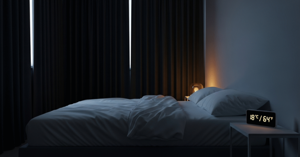 A minimalist bedroom showing a dark, cool environment with blackout curtains drawn and a digital clock displaying the ideal sleep temperature of 64°F (18°C)