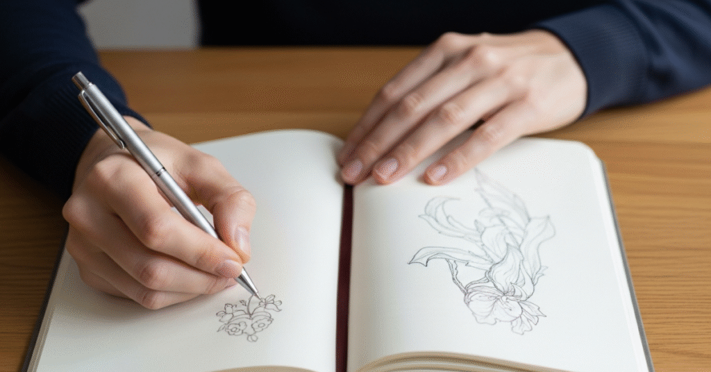 A person's hands drawing a floral pattern with a pen in a blank paper notebook. The image symbolizes focused, analog activity and intentional time away from screens.
