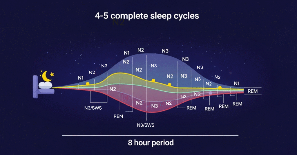 Hypnogram diagram showing 4-5 complete sleep cycles over 8 hours, with deep sleep (SWS) dominating the first half and REM periods lengthening towards morning.