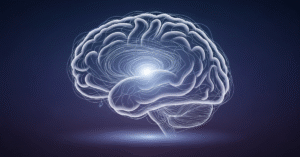 Abstract visualization of a healthy brain with glowing neural pathways, representing optimized activity and deep, restorative sleep.