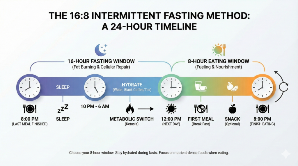 A 24-hour visual timeline of the 16:8 Intermittent Fasting method, showing a fasting window from 8 PM to 12 PM and an eating window from 12 PM to 8 PM.