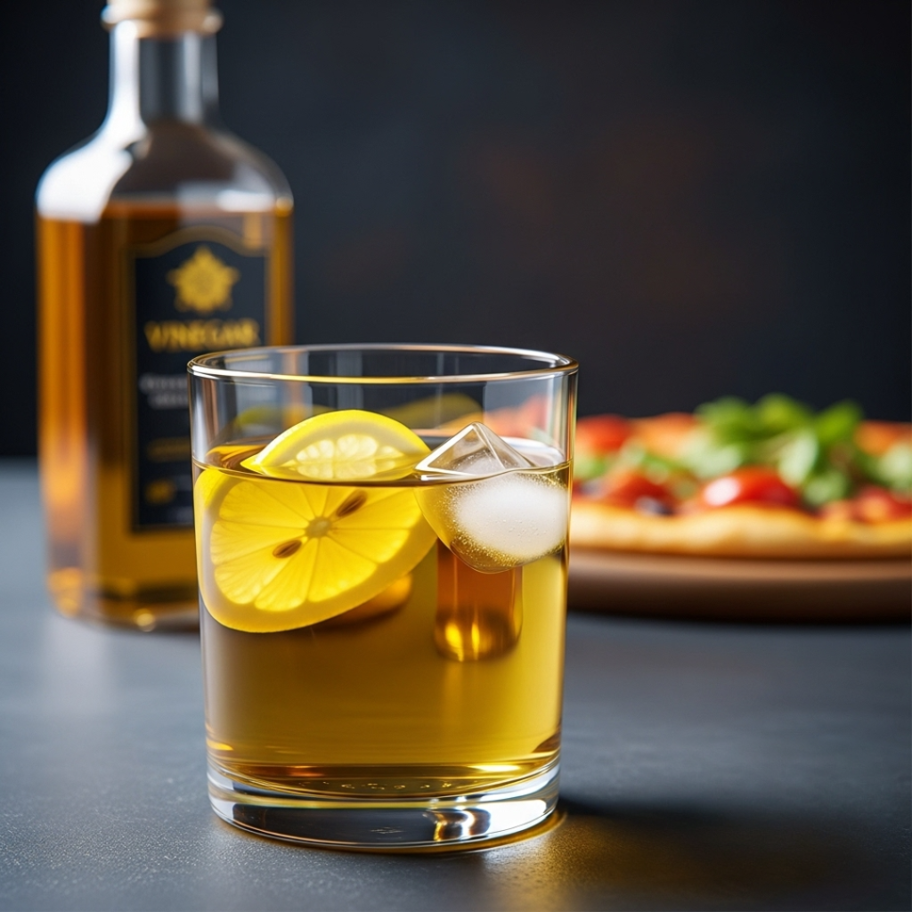 Glass of apple cider vinegar water with lemon and ice, placed in front of a pizza, illustrating a glucose spike reduction hack.