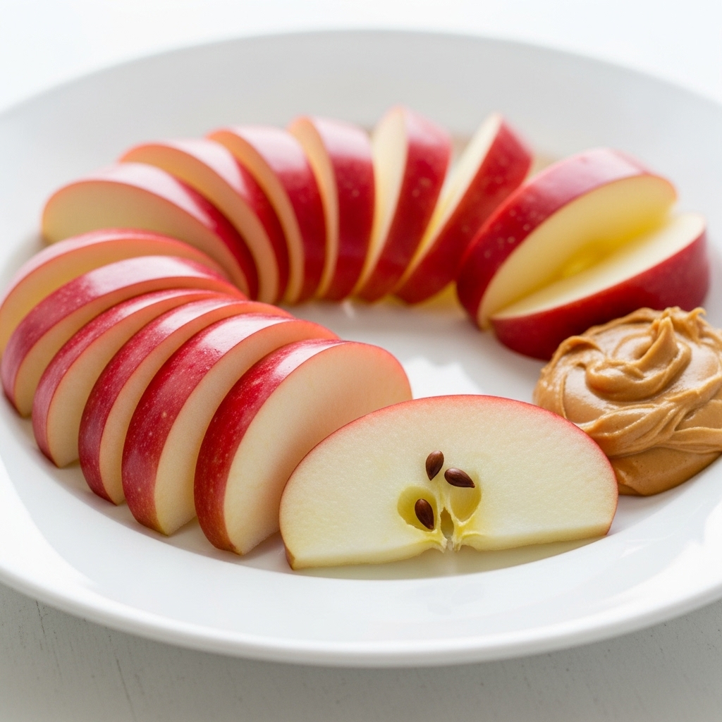 Sliced red apples arranged on a white plate with a scoop of peanut butter, illustrating a healthy glucose-balancing snack.