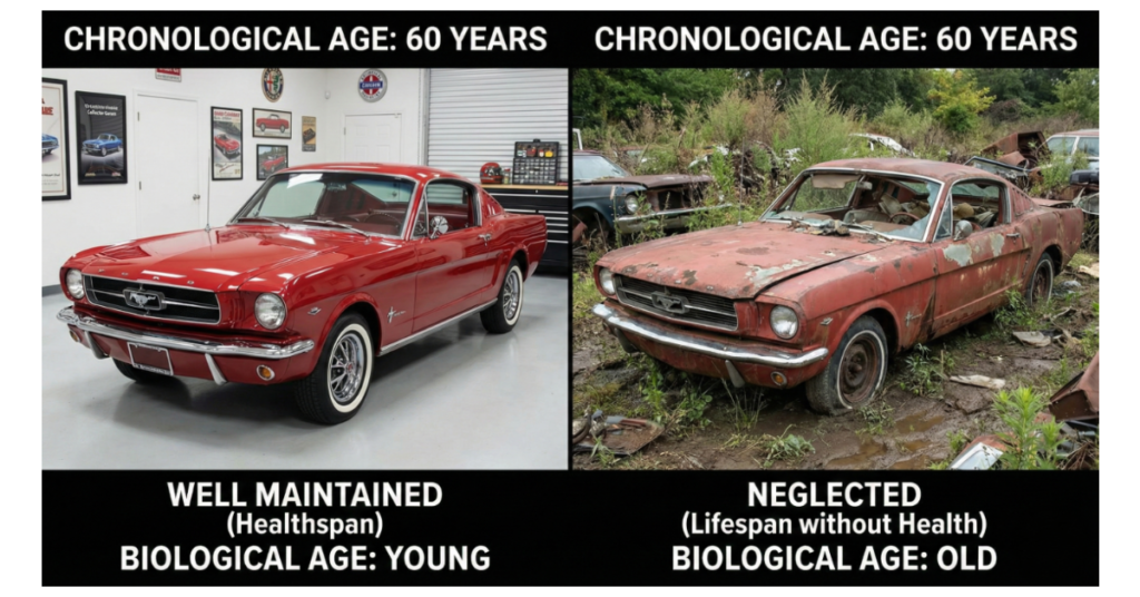 Lifespan vs. Healthspan visual analogy using a pristine vintage car vs a rusted car to explain biological age maintenance.