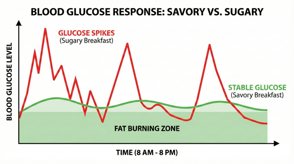 A line graph comparing the blood glucose response of a sugary breakfast (red spike) versus a savory breakfast (green stable curve).