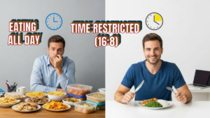 Split screen comparison: Left shows a stressed man grazing on junk food all day; Right shows a happy man enjoying a healthy meal during the 16:8 intermittent fasting window.
