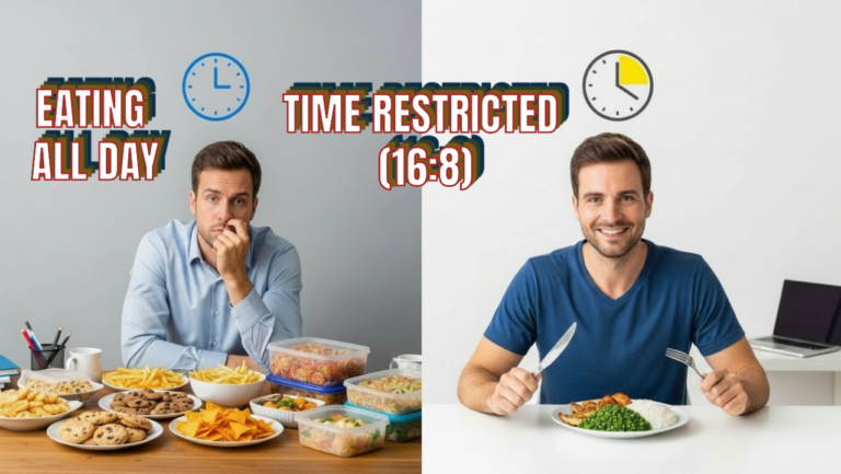 Split screen comparison: Left shows a stressed man grazing on junk food all day; Right shows a happy man enjoying a healthy meal during the 16:8 intermittent fasting window.