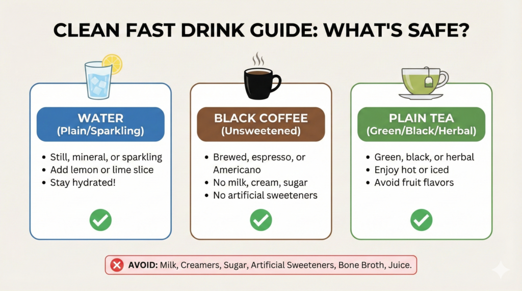 A guide to safe drinks during an intermittent fast: Water (plain or sparkling), Black Coffee (unsweetened), and Plain Tea (green, black, or herbal). It also lists items to avoid like milk, sugar, and sweeteners.