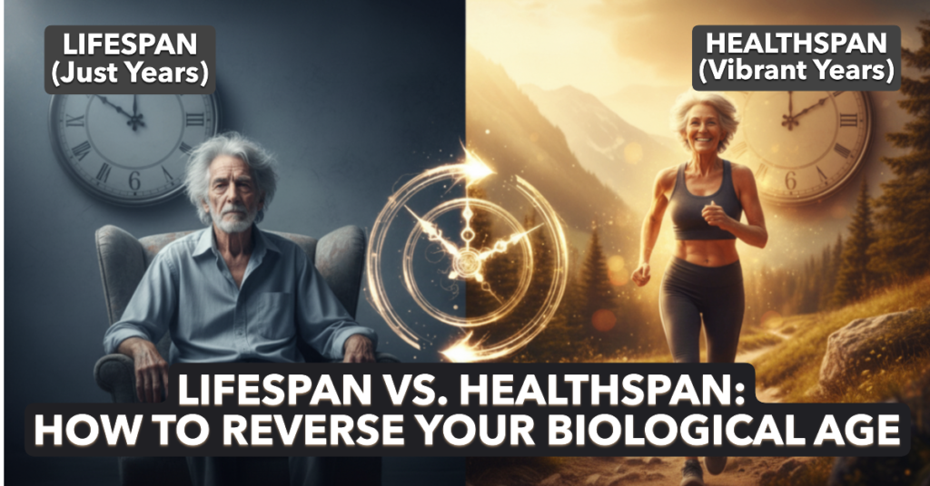 Lifespan vs. Healthspan comparison: A split screen showing the difference between aging poorly and how to reverse your biological age.