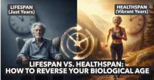 Lifespan vs. Healthspan comparison: A split screen showing the difference between aging poorly and how to reverse your biological age.