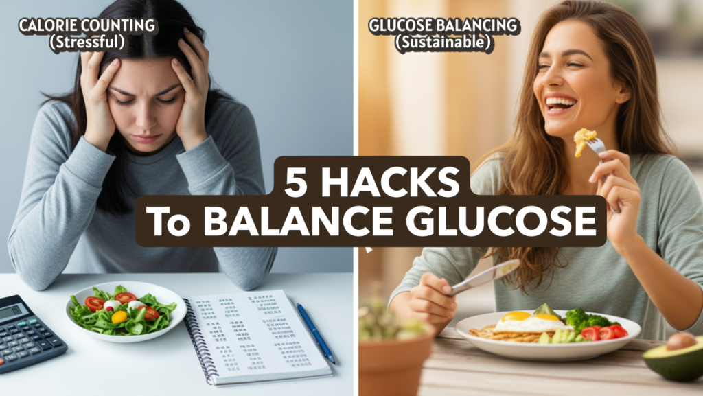 Split screen comparison: A stressed woman counting calories with a calculator versus a happy woman eating a balanced savory breakfast to balance glucose.