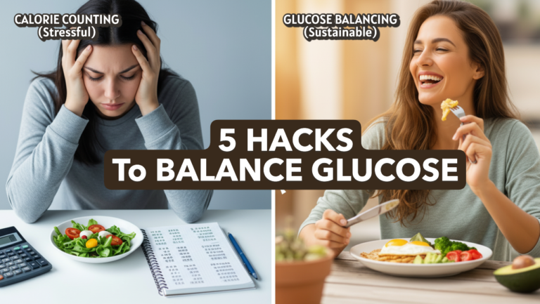 Split screen comparison: A stressed woman counting calories with a calculator versus a happy woman eating a balanced savory breakfast to balance glucose.