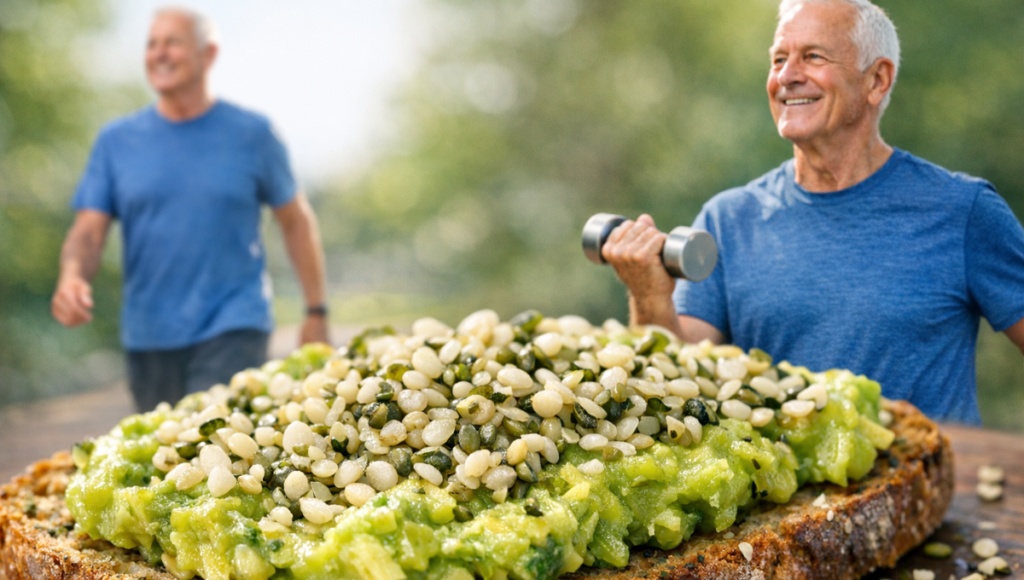 Shelled hemp hearts on avocado toast representing a complete protein source for building muscle strength in people older than 60.