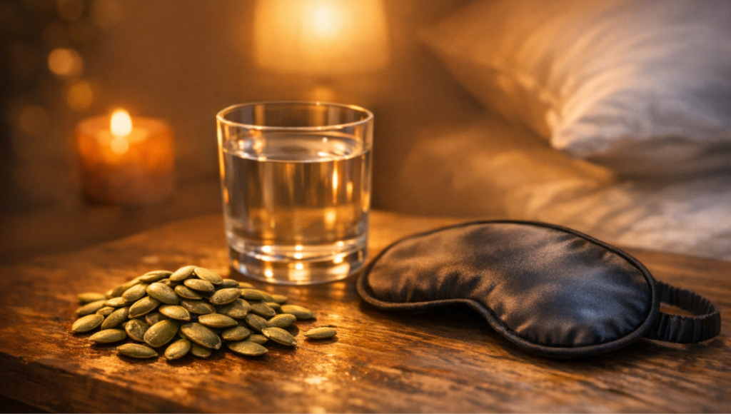 Raw pumpkin seeds on a bedside table with a sleep mask symbolizing better sleep and bladder support for older adults.