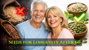 Infographic showing 4 dangerous seeds to avoid and 4 miracle seeds for longevity after 60[cite: 159, 160, 222].
