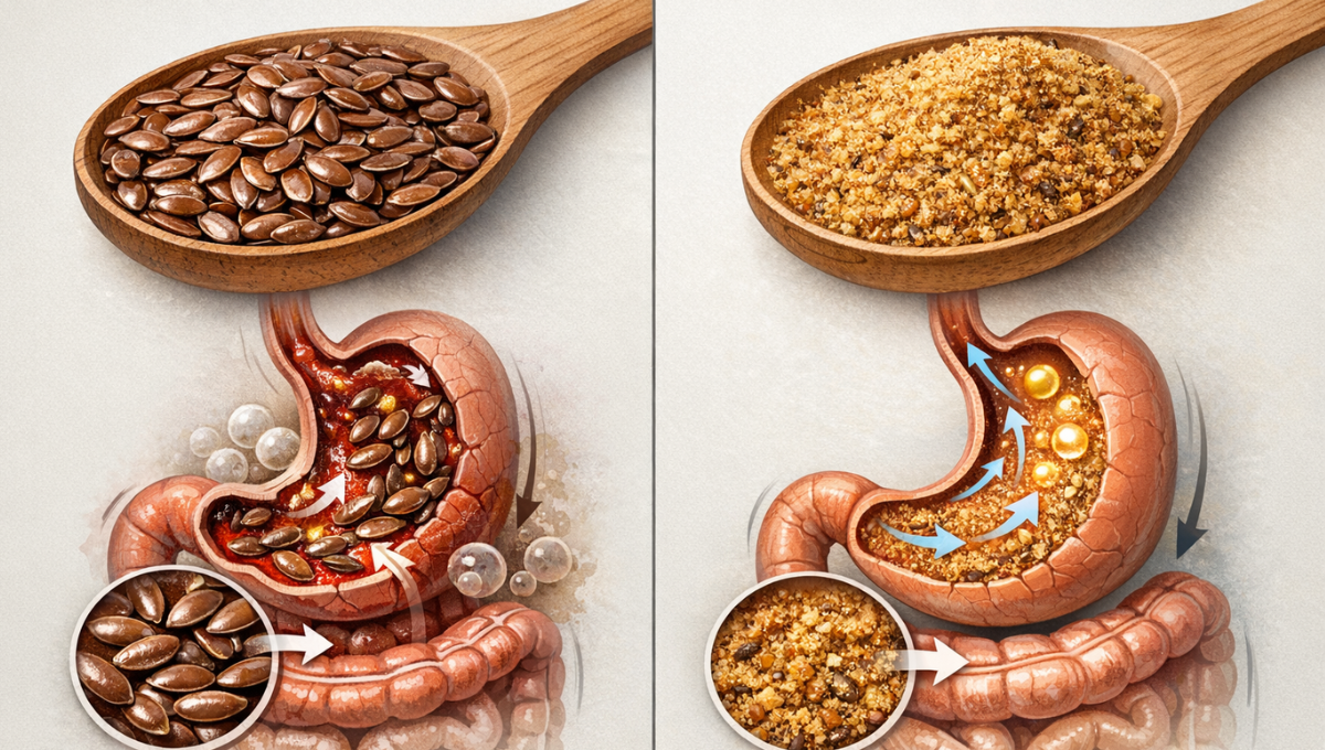 Scientific diagram comparing how the human stomach digests whole flaxseeds versus ground flaxseeds for people over 60.