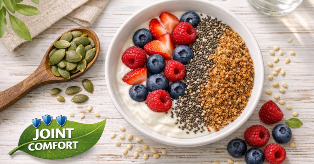 A healthy breakfast bowl with chia and flax seeds for natural joint pain relief and comfort.