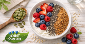 A healthy breakfast bowl with chia and flax seeds for natural joint pain relief and comfort.